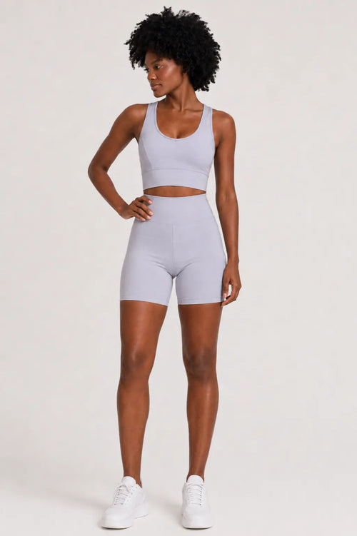 Conjunto Sintonia Cinza – Top Nadador + Short Sem Bolso