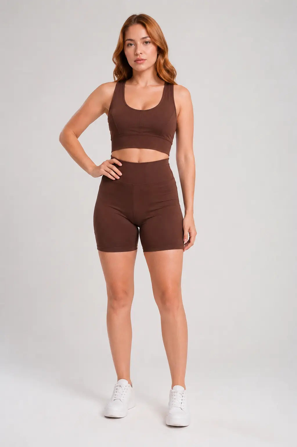 Conjunto Sintonia Marrom – Top Nadador + Short Sem Bolso