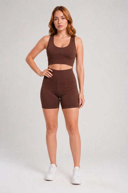 Conjunto Sintonia Marrom – Top Nadador + Short Sem Bolso