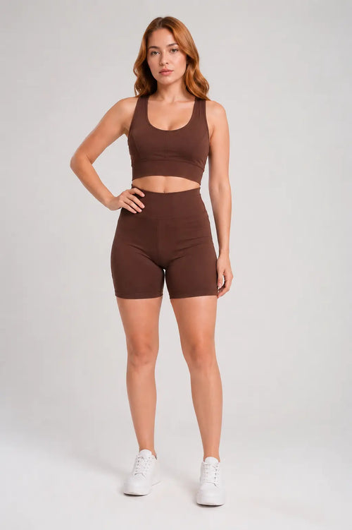Conjunto Sintonia Marrom – Top Nadador + Short Sem Bolso