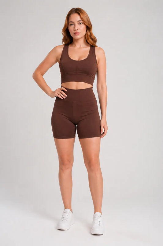 Conjunto Sintonia Marrom – Top Nadador + Short Sem Bolso