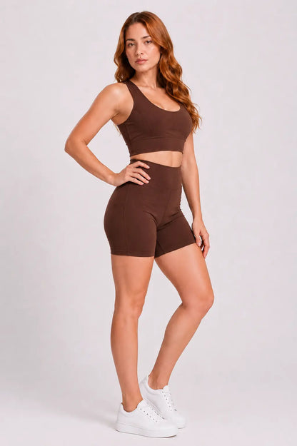 Conjunto Sintonia Marrom – Top Nadador + Short Sem Bolso