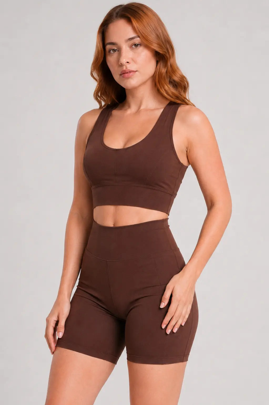 Conjunto Sintonia Marrom – Top Nadador + Short Sem Bolso